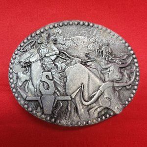 Vintage Belt Buckle Pewter Silver Tone Cowboys Cattle Steer Zee Series